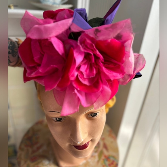 True Vintage 1940s Pink And Purple Floral And Stripe Bow Hat Fascinator main image 2